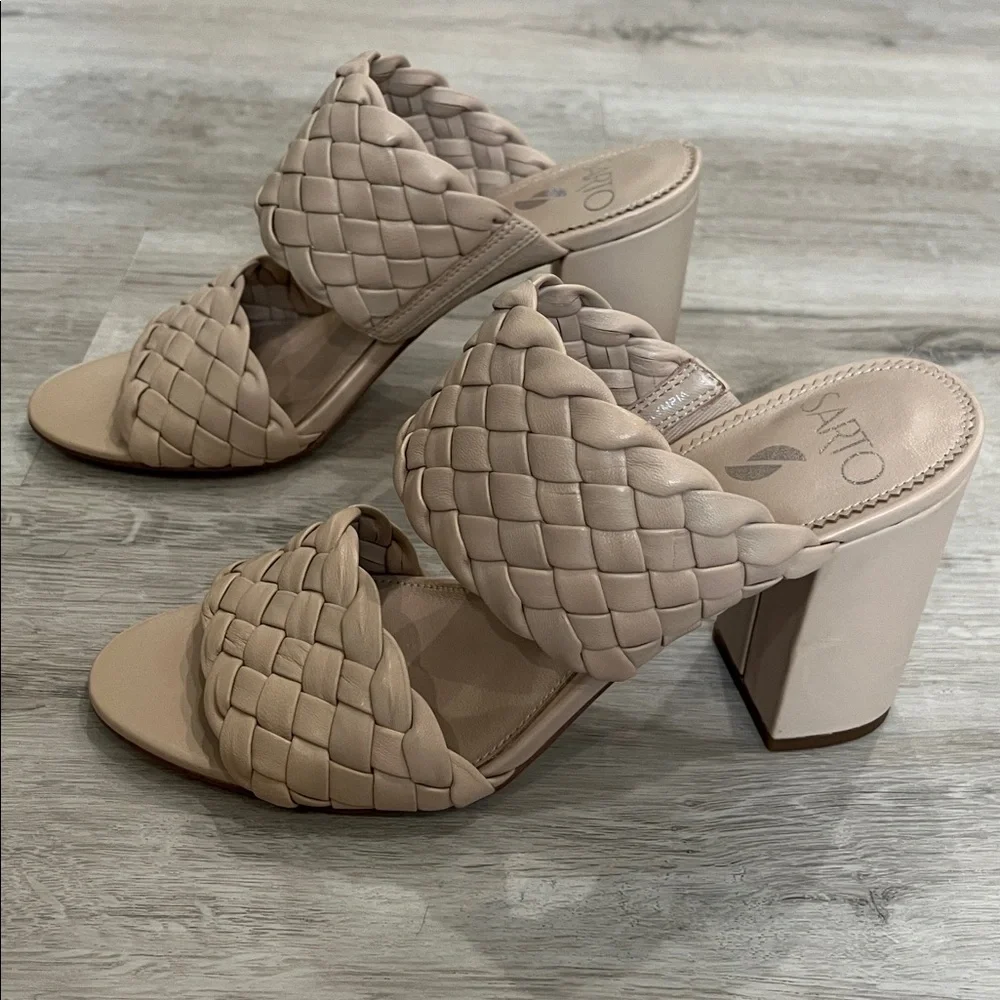 Sarto Braided Block Heel Sandals Beige Leather Womens‎ 7 Wedding Classic Chic